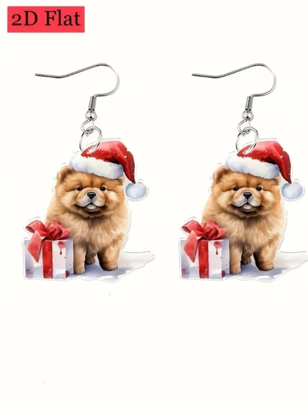 Hand Crafted Festive Red Santa Hat Chow Chow Dog Dangle Earrings